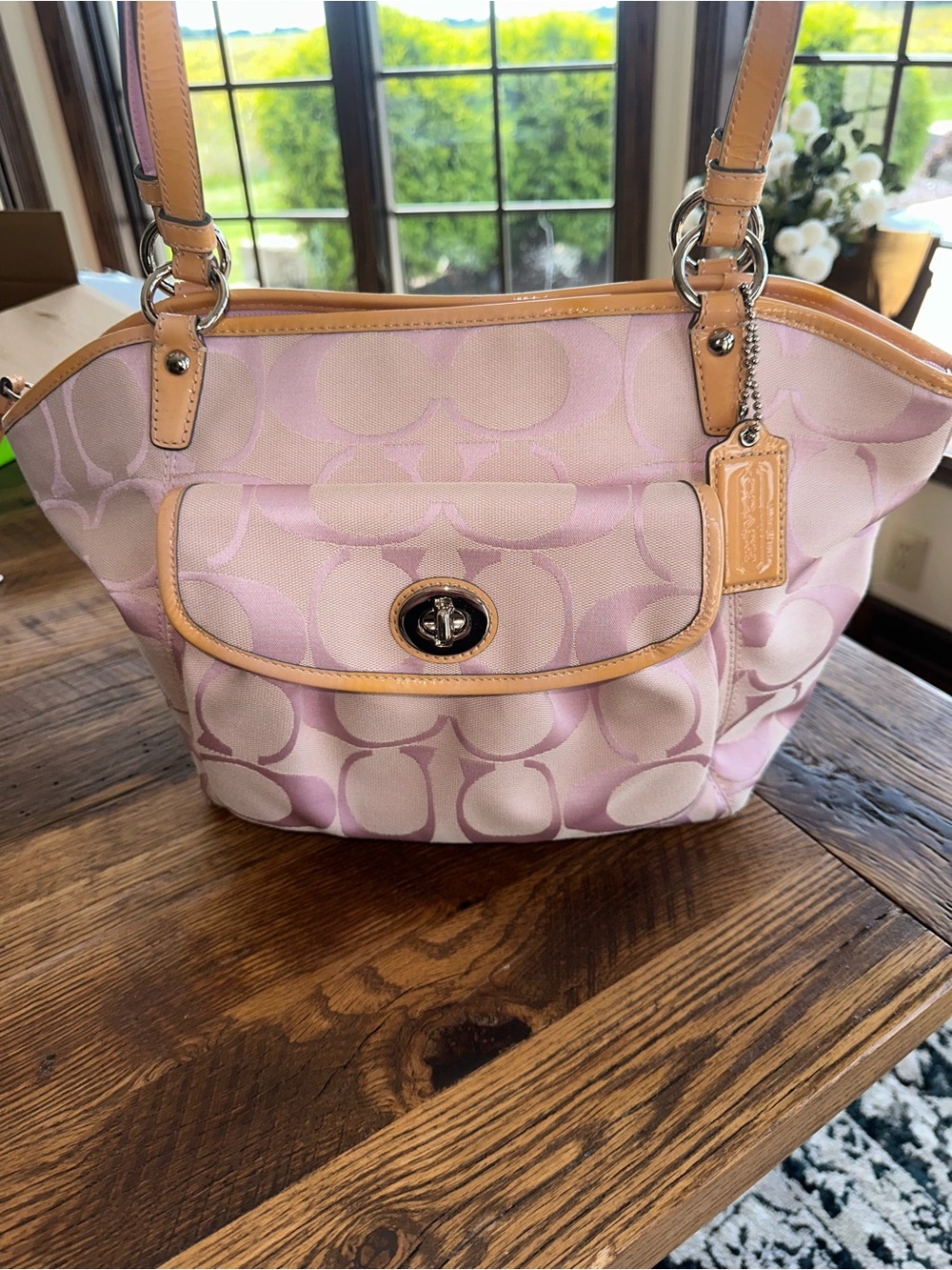 Coach Pink Signature Canvas Shoulder Bag with Tan Leather Trim